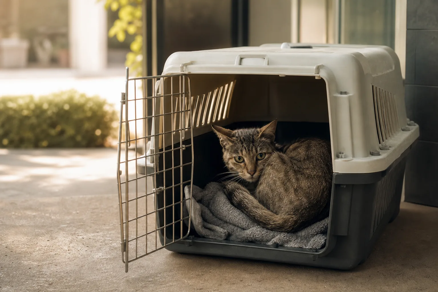 Chat maigre recroquevillé dans une cage de transport à l'entrée d'un refuge, éclairage doux