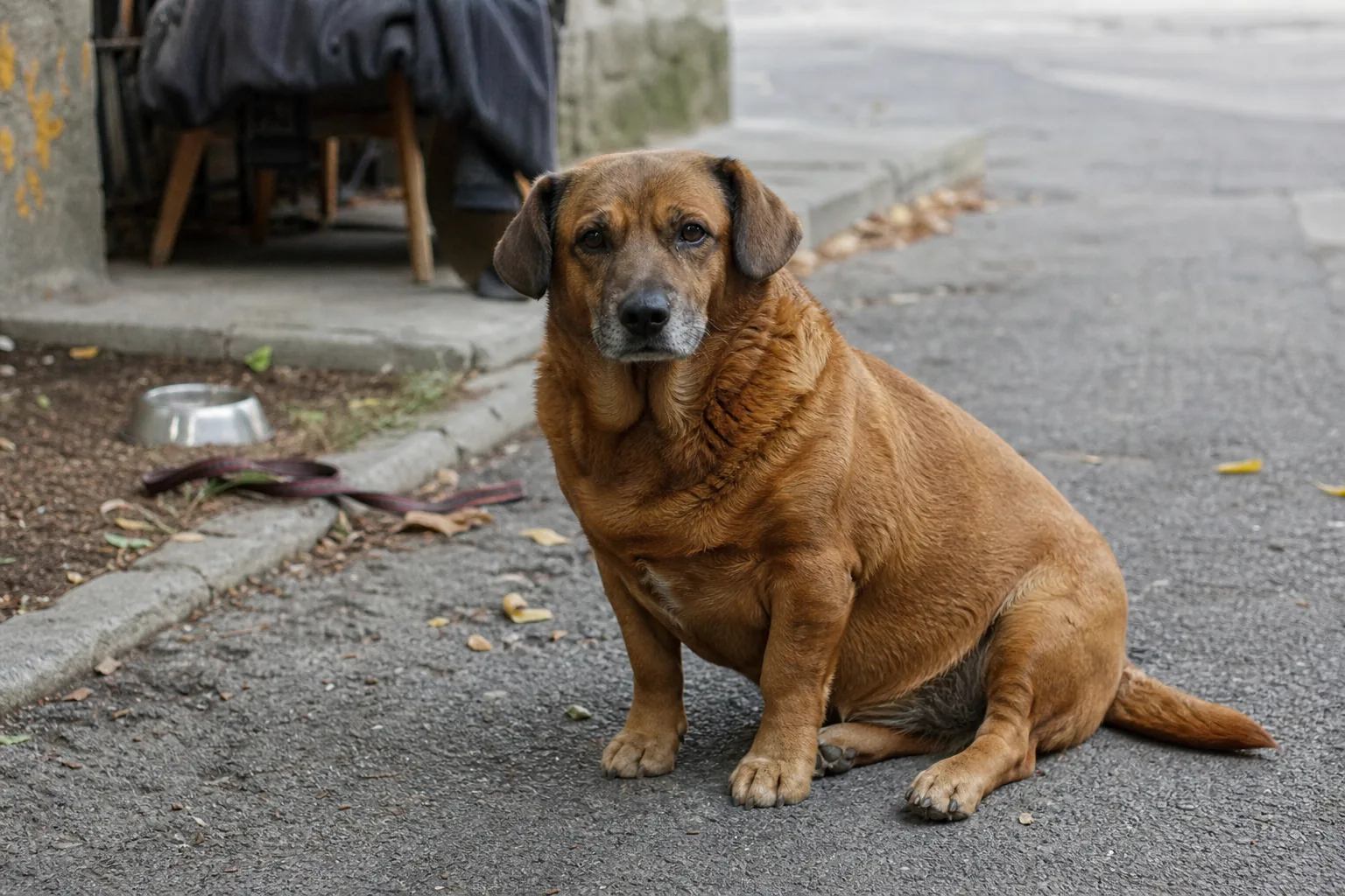 Chien brun au corps rond assis dans une rue, regardant l'objectif