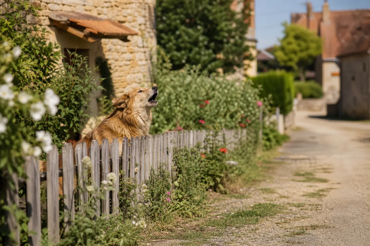 Chien aboyant derrière la clôture d'un jardin dans un village en été