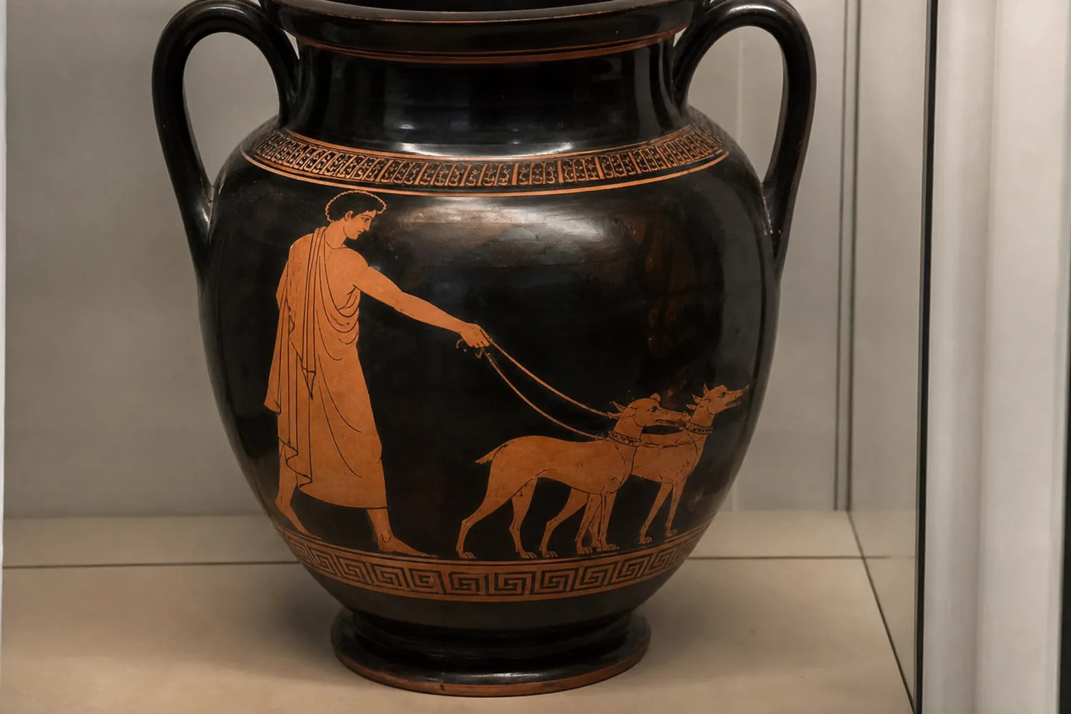Vase grec antique représentant un homme tenant en laisse deux petits chiens