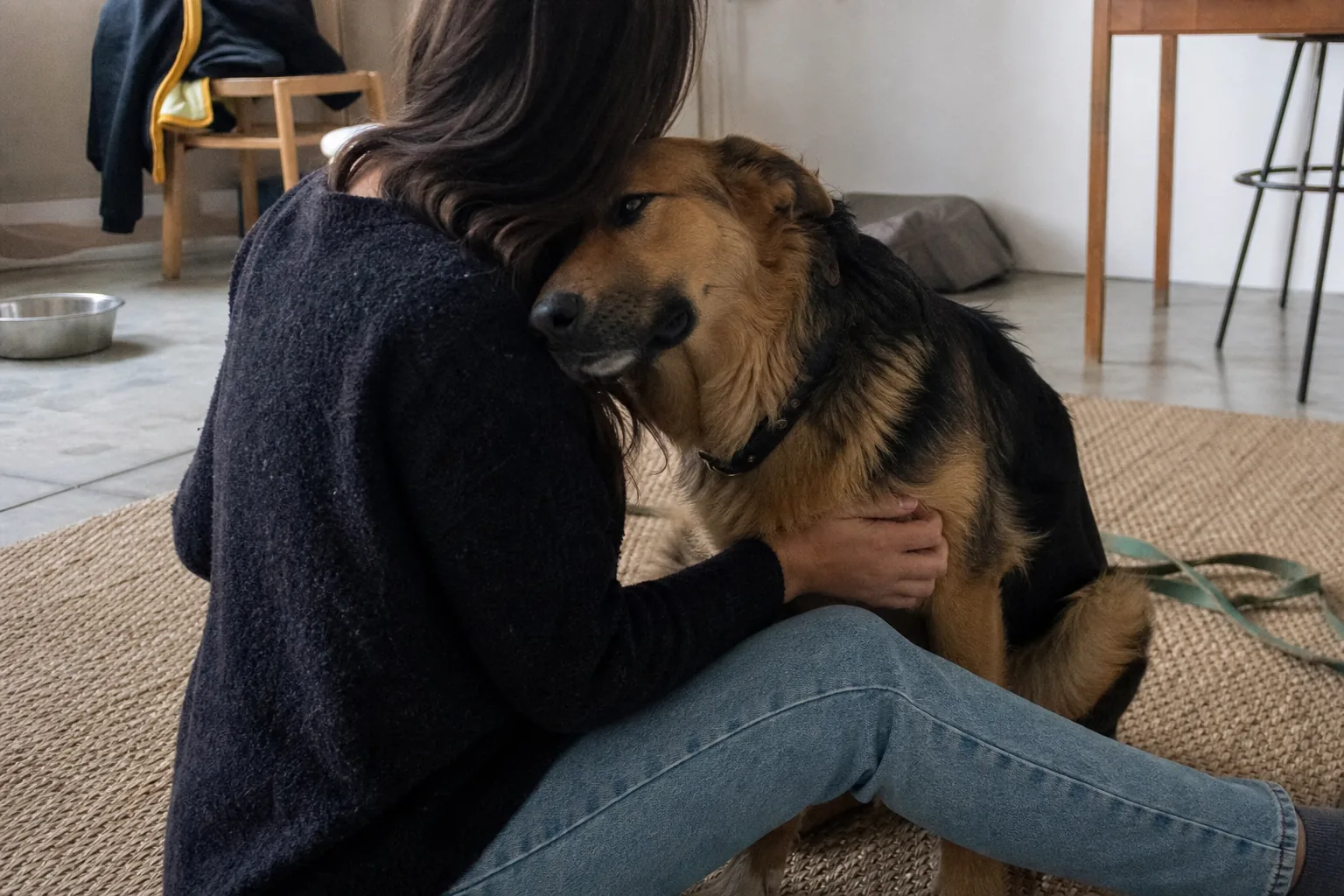 Une femme assise au sol caresse le poitrail de son chien qui vient poser sa tête contre elle