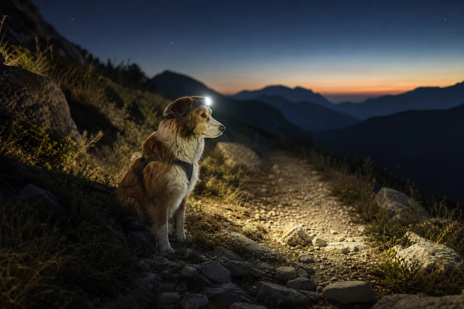 Un chien attend sur un sentier de montagne éclairé par une lampe frontale, à la nuit tombée