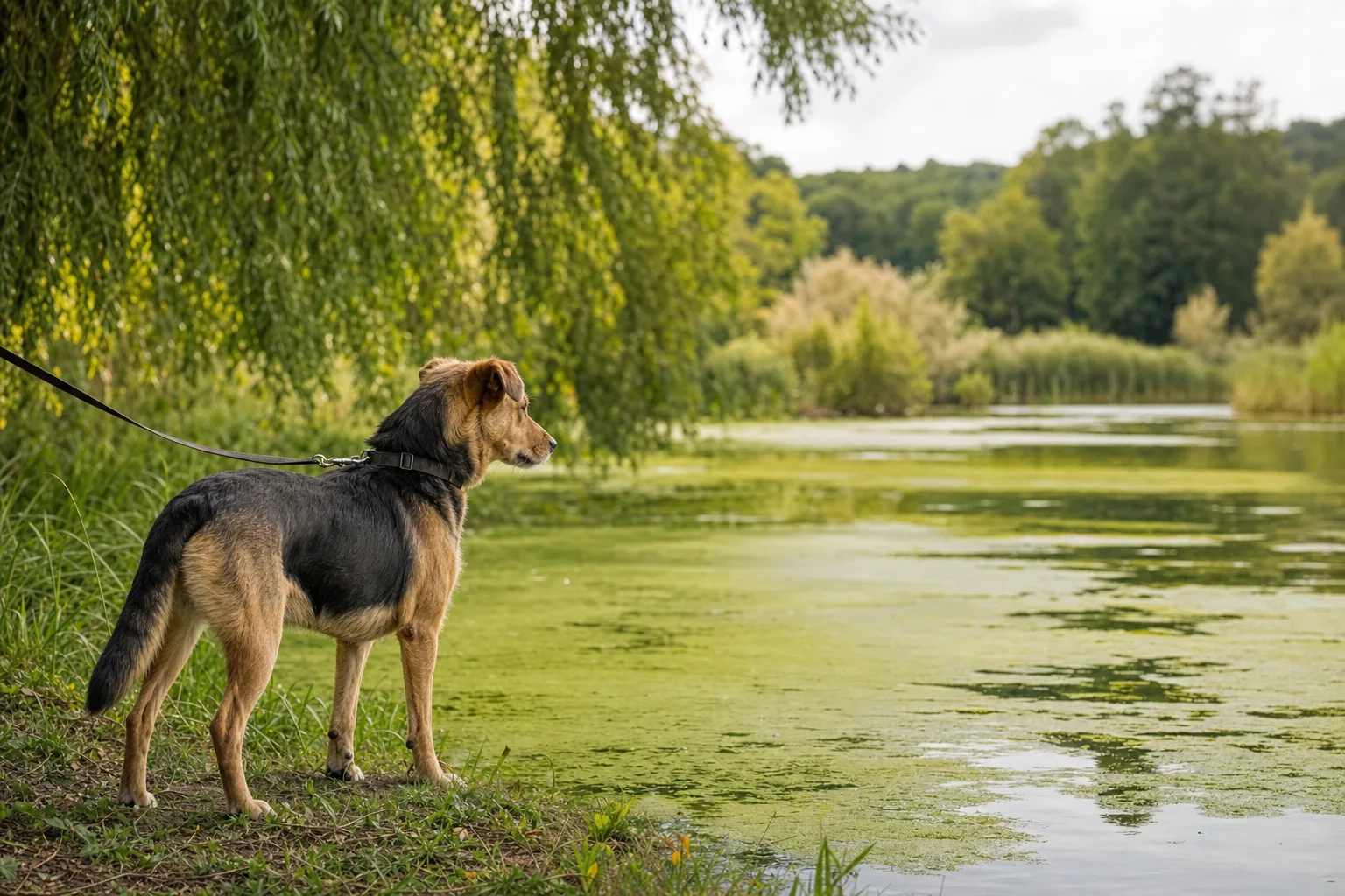 Chien tenu en laisse au bord d'un étang dont la surface est recouverte par endroits d'une pellicule verte