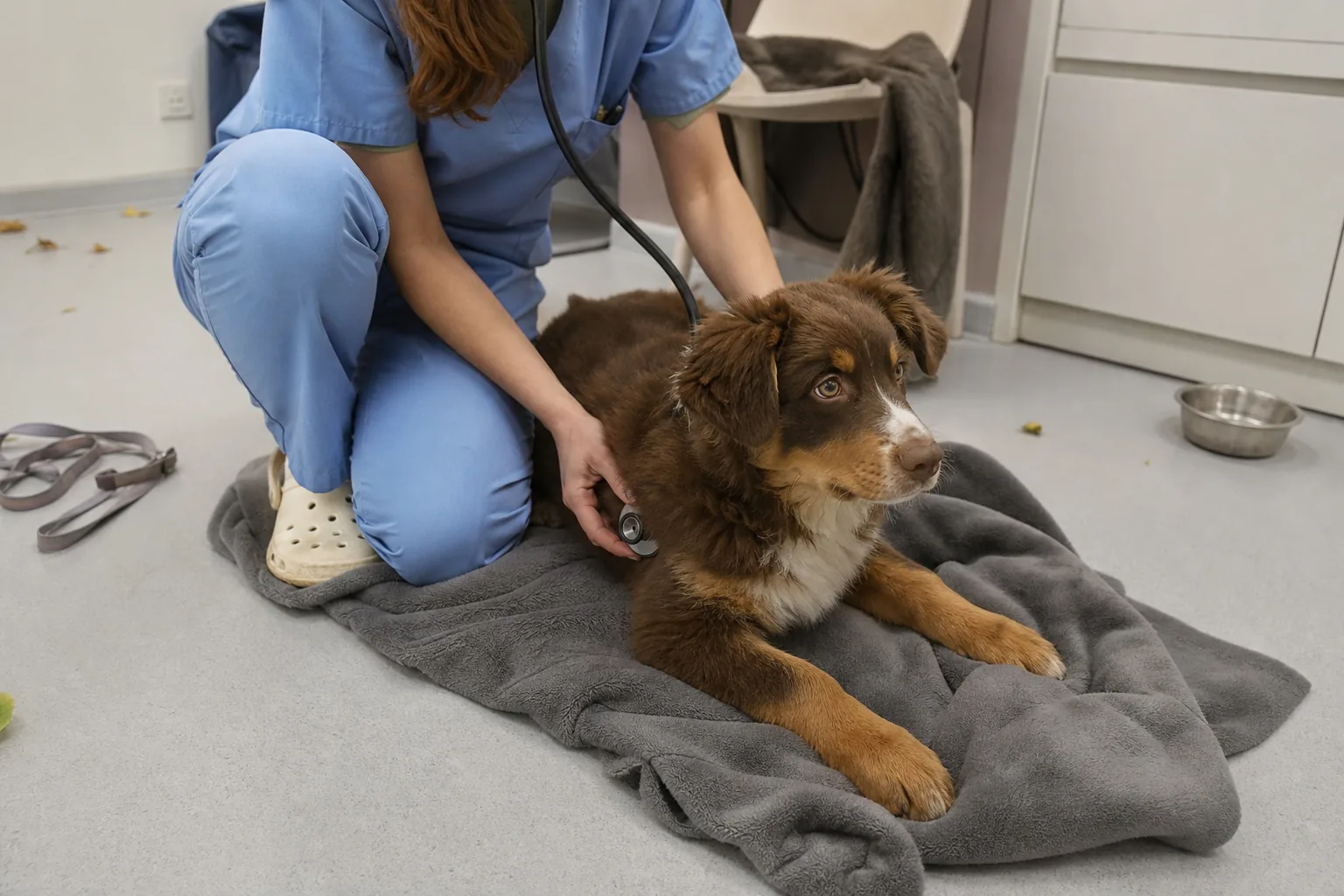 Jeune chien allongé sur une couverture, examiné par une vétérinaire lors d'une consultation