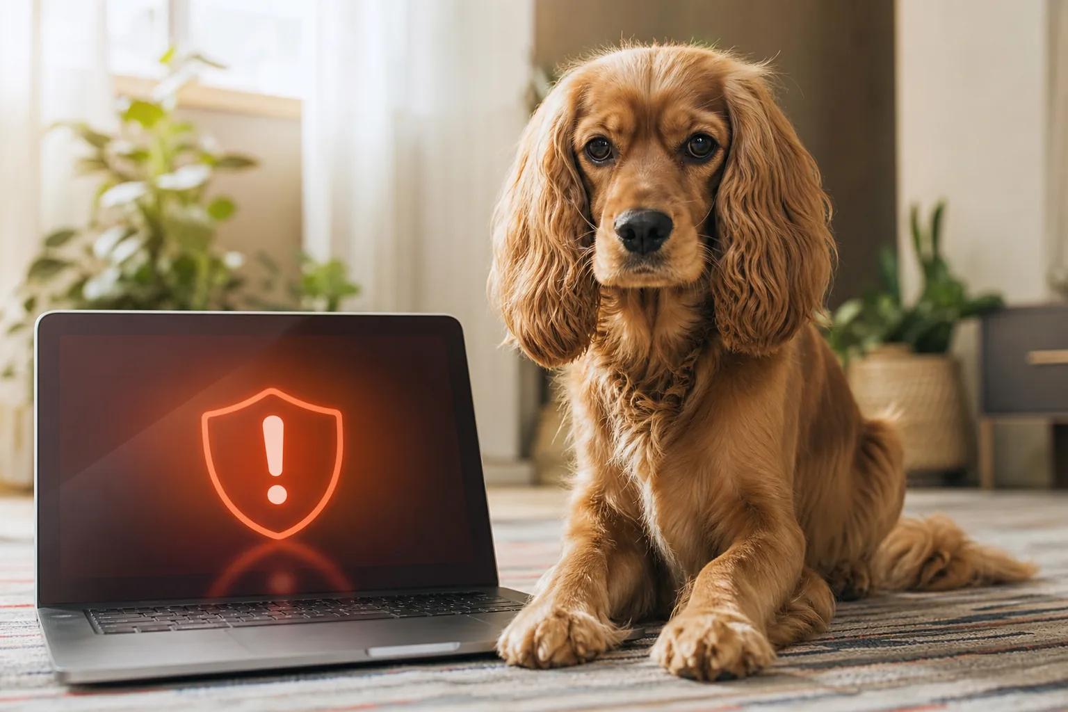 Un chien assis à côté d'un ordinateur portable ouvert affichant un message d'alerte de sécurité