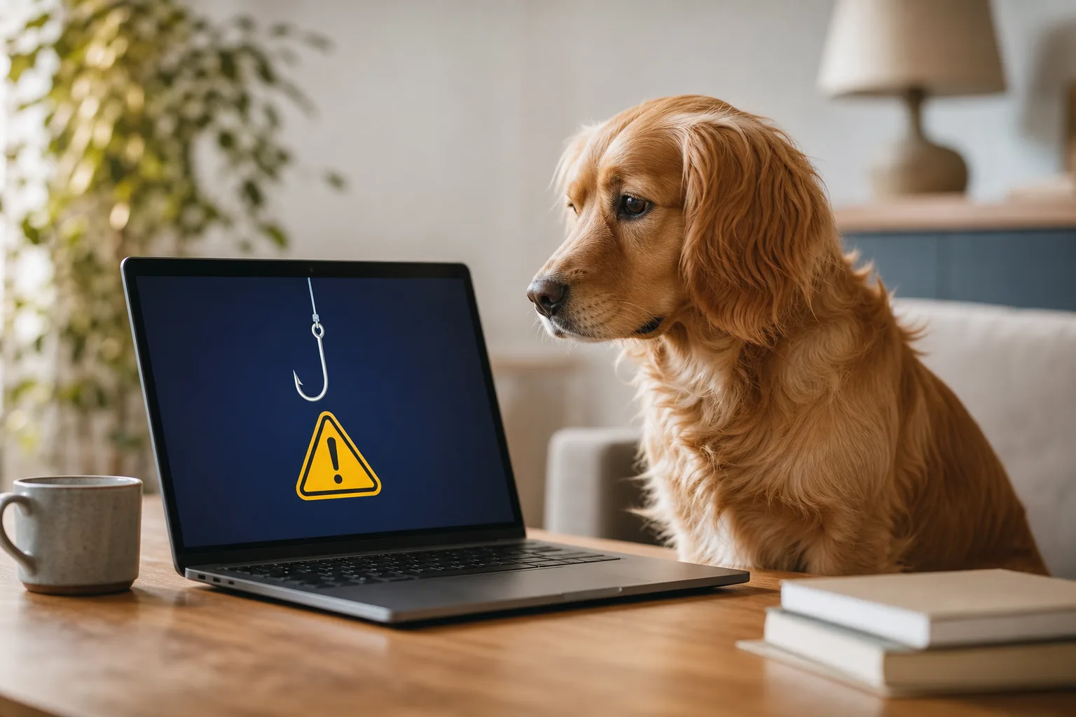 Un chien assis à côté d'un ordinateur portable ouvert affichant un message d'alerte, illustrant une tentative de hameçonnage visant les propriétaires d'animaux