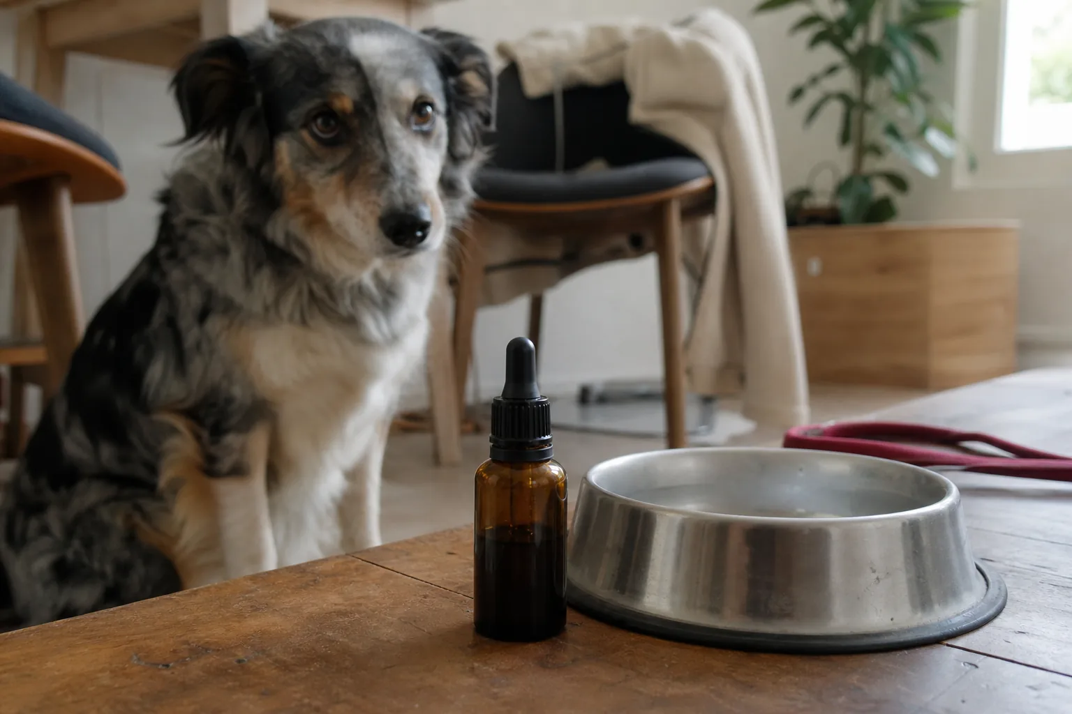Flacon compte-gouttes d'huile posé sur une table à côté d'une gamelle, un chien attendant en arrière-plan