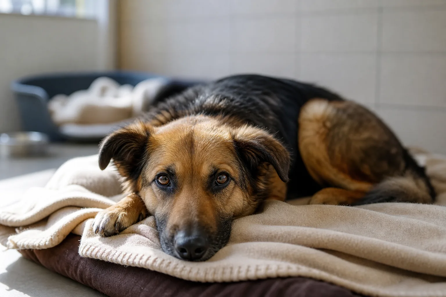 Chien recueilli dans un refuge après une évacuation, allongé sur une couverture