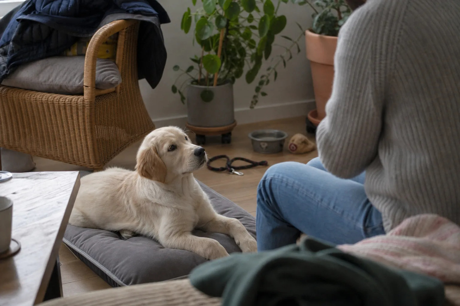 Jeune chien couché sur un coussin, observé par sa maîtresse dans un salon
