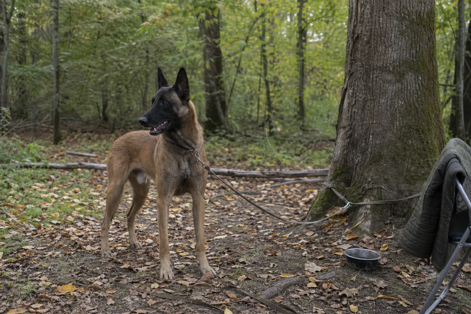 Chien de type malinois attaché par une longe au tronc d'un arbre dans une forêt