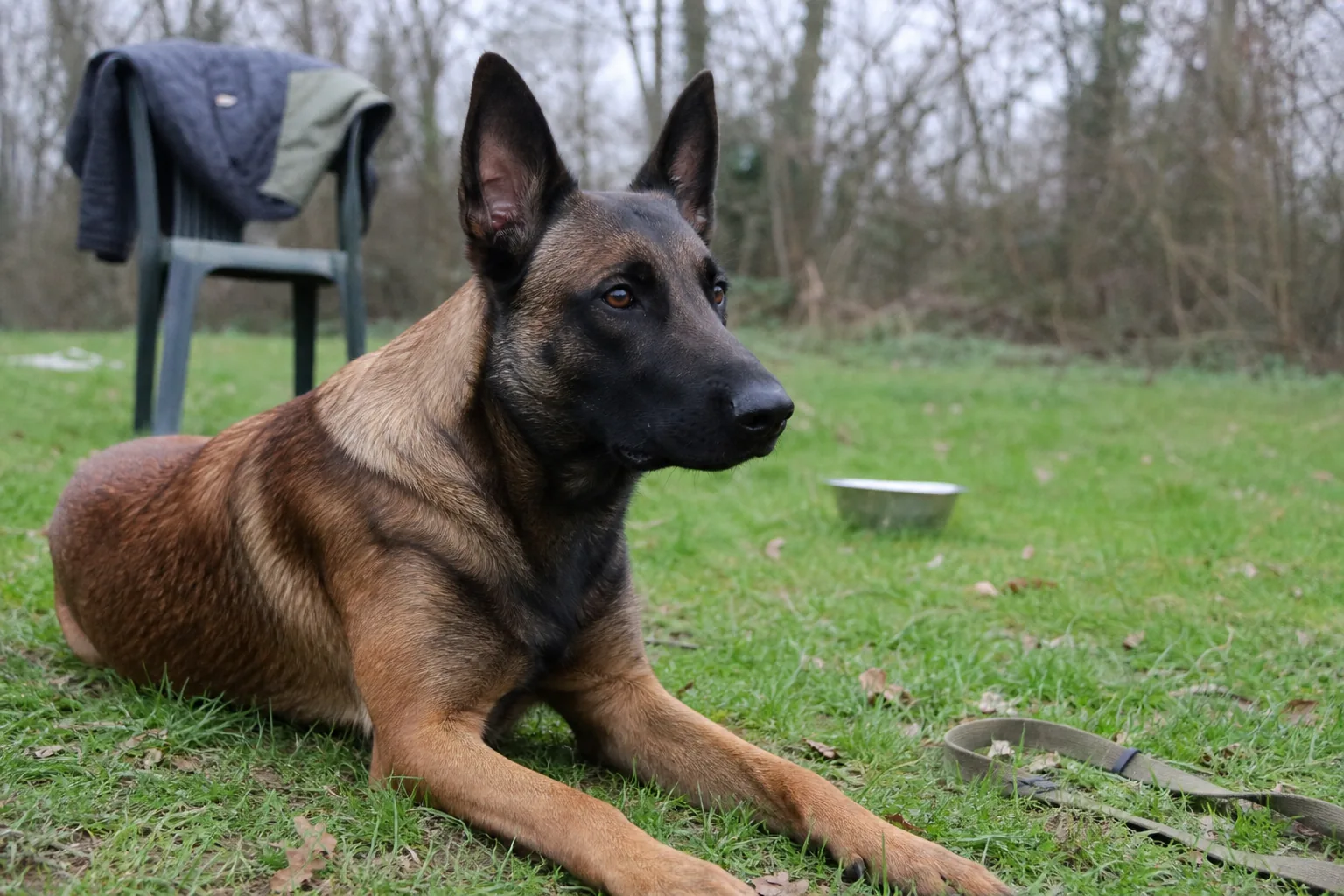 Un chien malinois au regard attentif, allongé dans l'herbe
