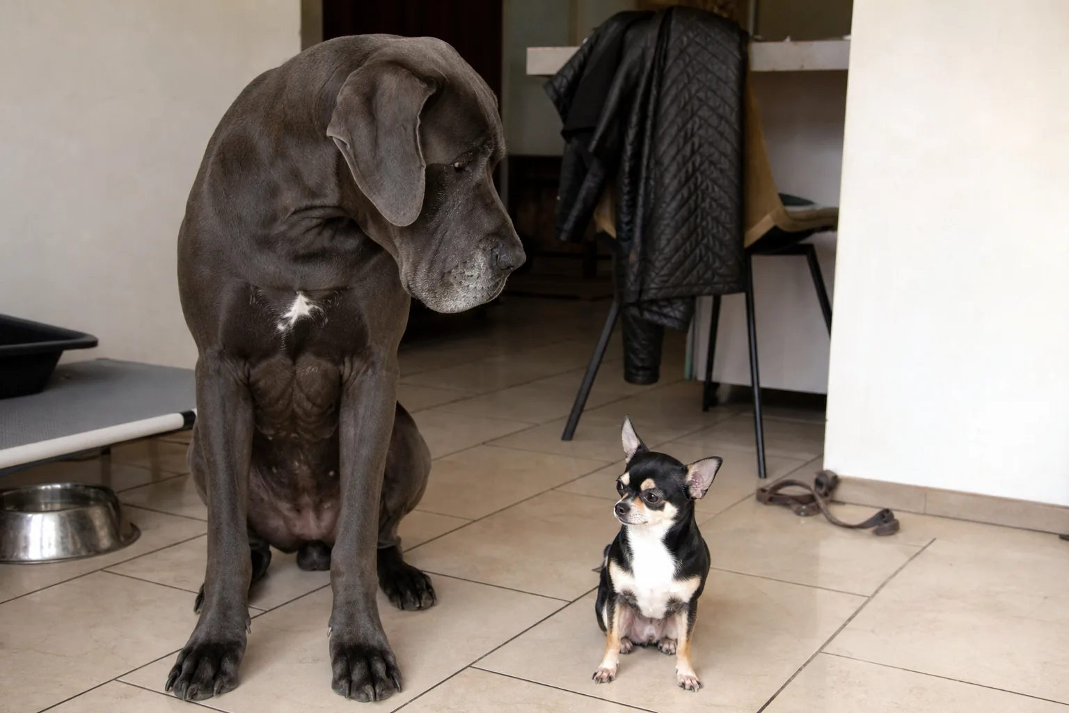 Un dogue allemand et un chihuahua assis côte à côte, illustrant l'écart de taille entre races canines