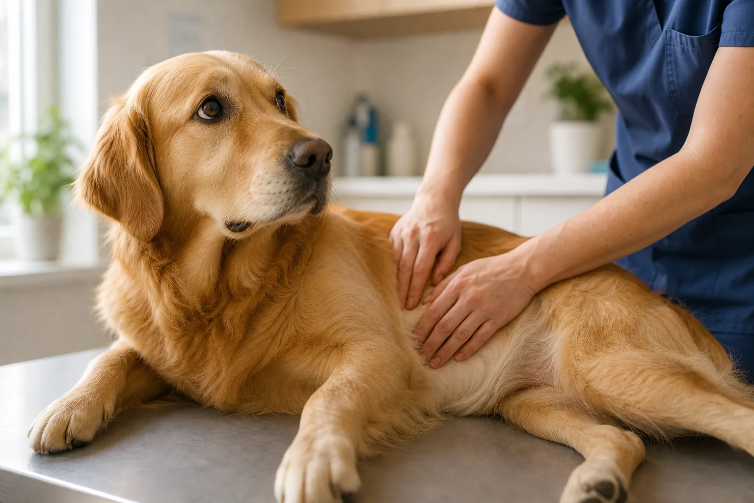 Un chien attentif chez le vétérinaire pendant une palpation abdominale