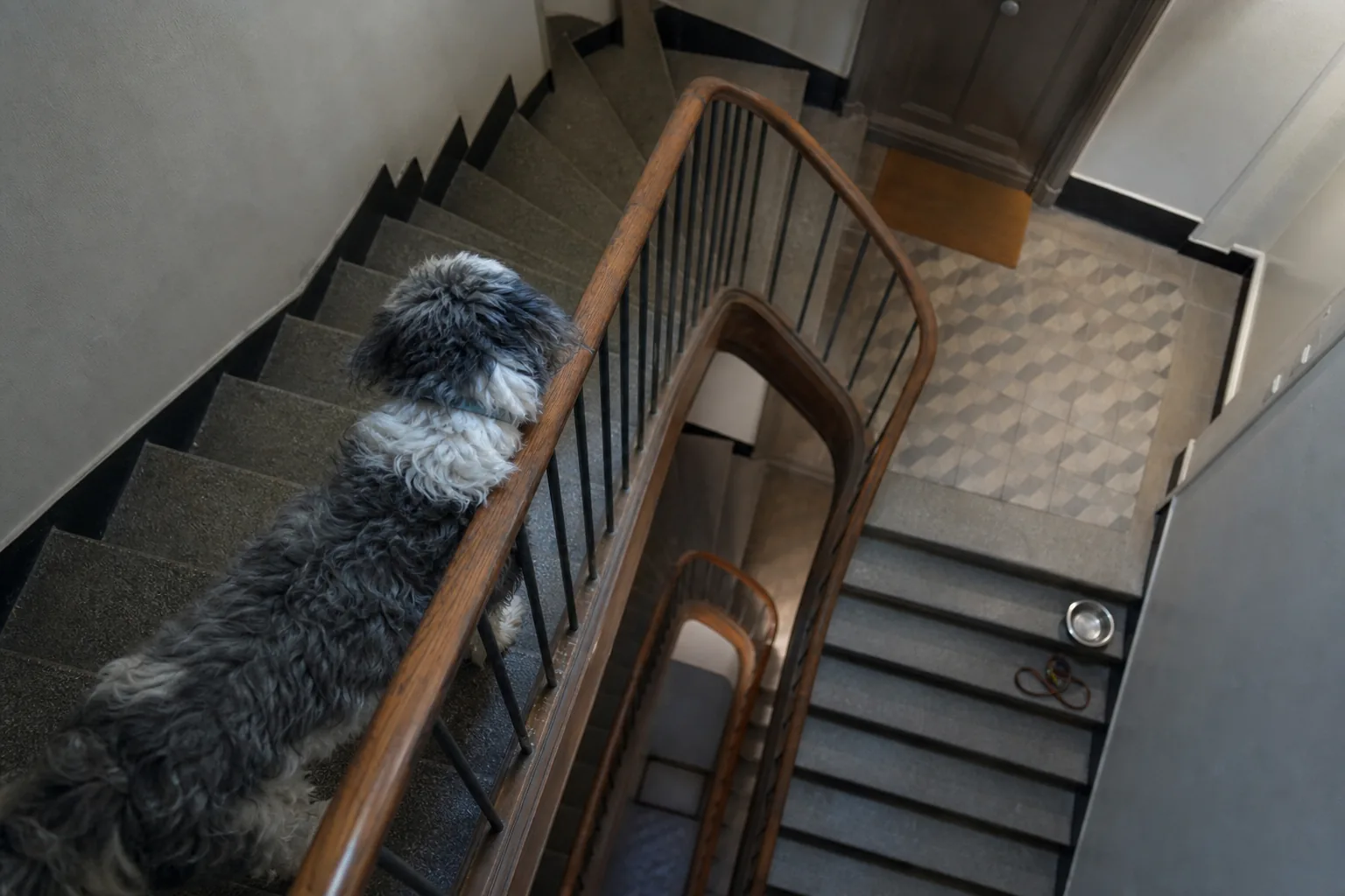 Cage d'escalier d'un immeuble d'habitation vue depuis les étages supérieurs
