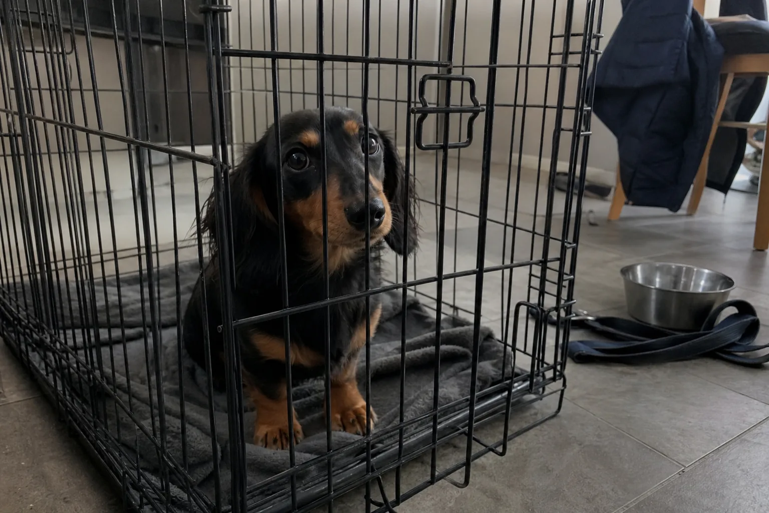 Jeune teckel nain derrière les barreaux d'une cage, regard inquiet