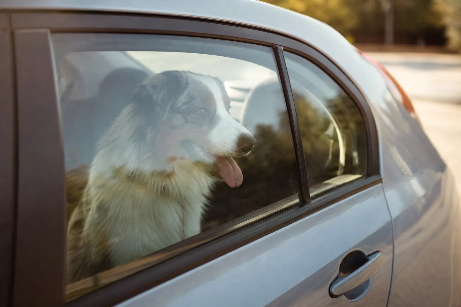 Un chien de type berger australien haletant derrière la vitre d'une voiture stationnée en plein soleil