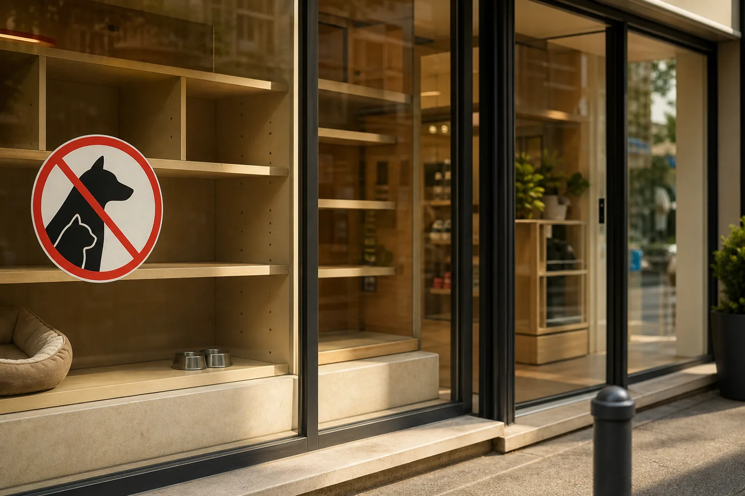 Vitrine vide d'une animalerie en France, avec un panneau signalant l'interdiction de vendre chiens et chats