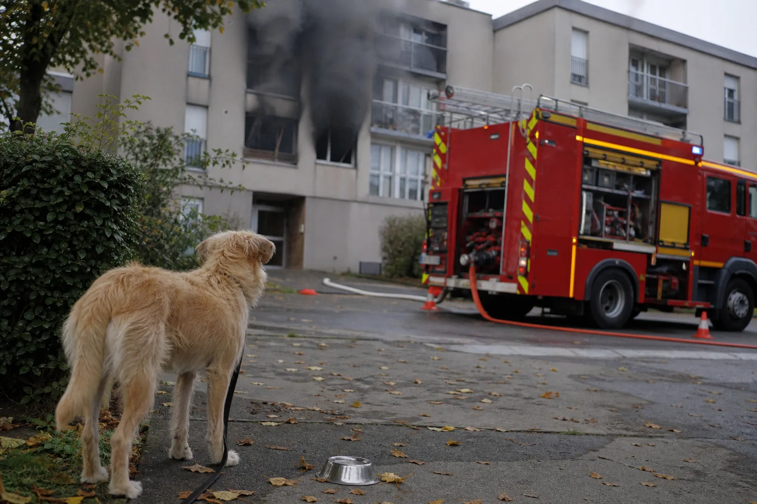 Façade d'un immeuble d'habitation d'où s'échappe une fumée noire, camion de pompiers stationné dans la rue