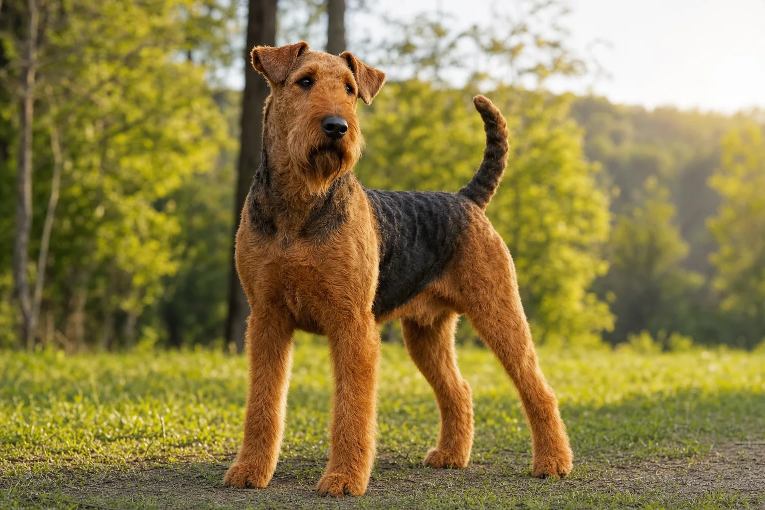 Airedale Terrier (robe corps et haut de la queue noir ou grisonné (« grizzle »), tête, oreilles et membres feu) adulte en extérieur