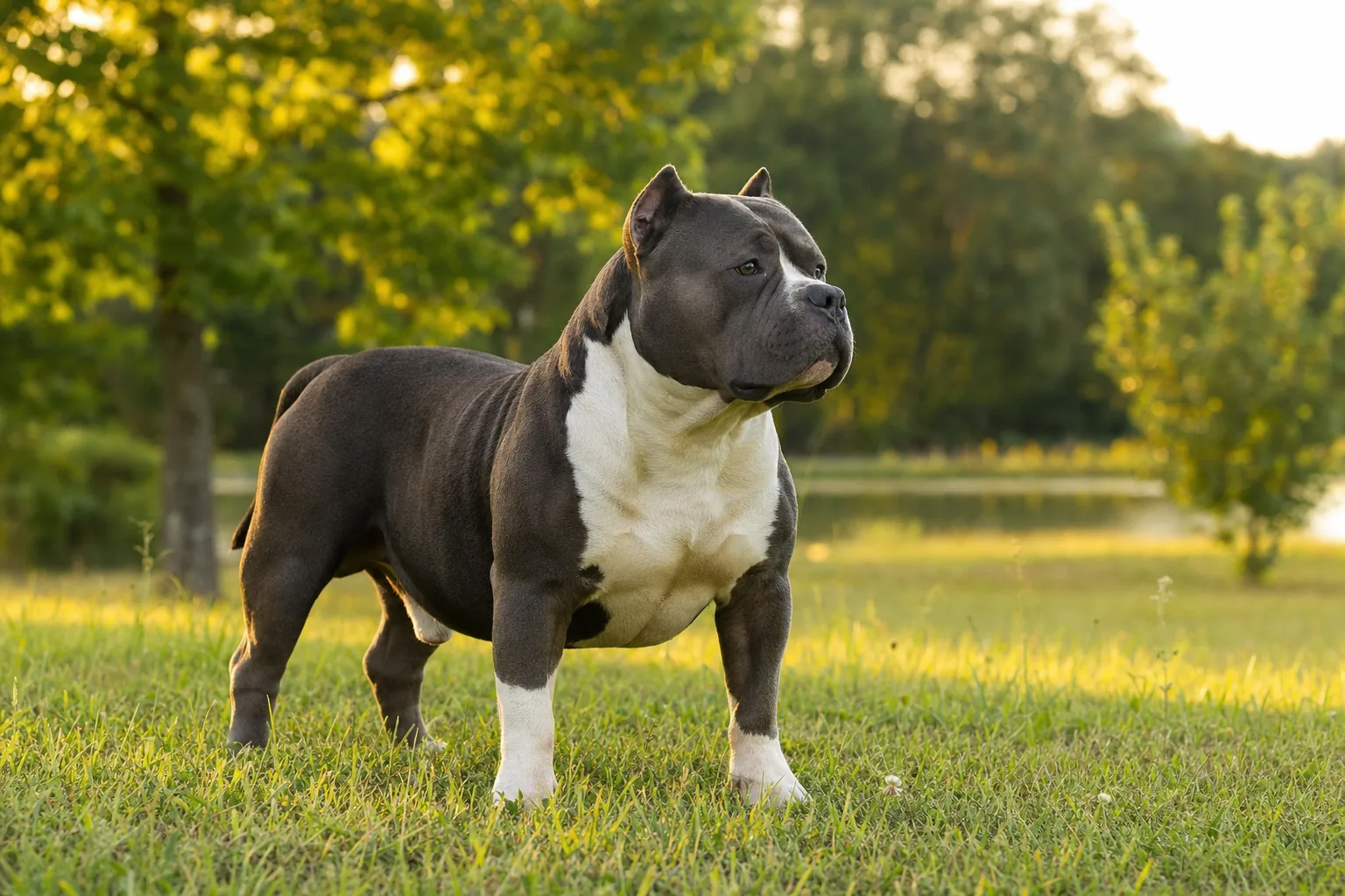 American Bully (robe toutes robes admises (unicolore, bringé, panaché) sauf, selon les registres, le merle) adulte en extérieur