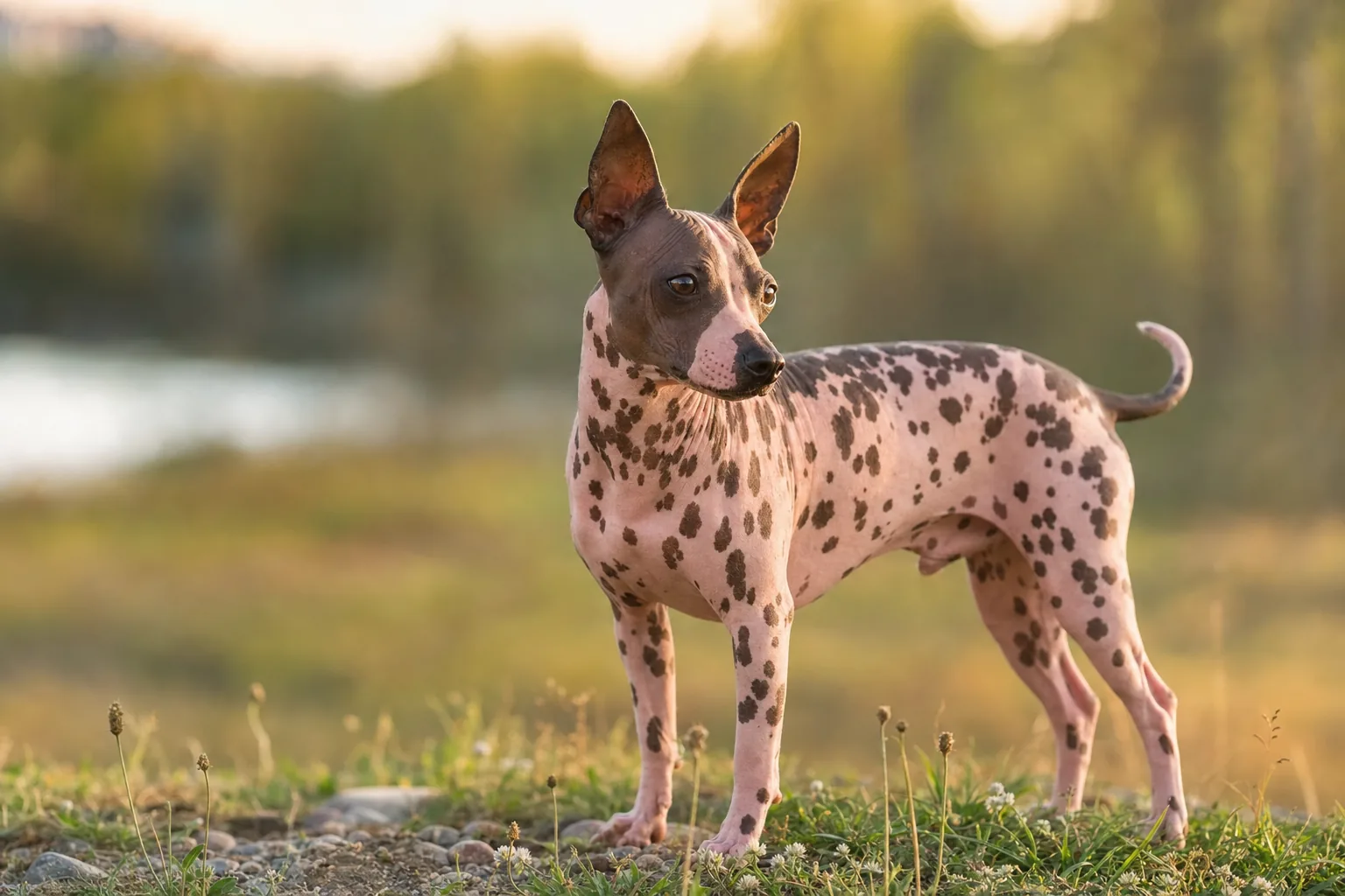 American Hairless Terrier (robe peau rose à taches variées (variété sans poil)) adulte en extérieur