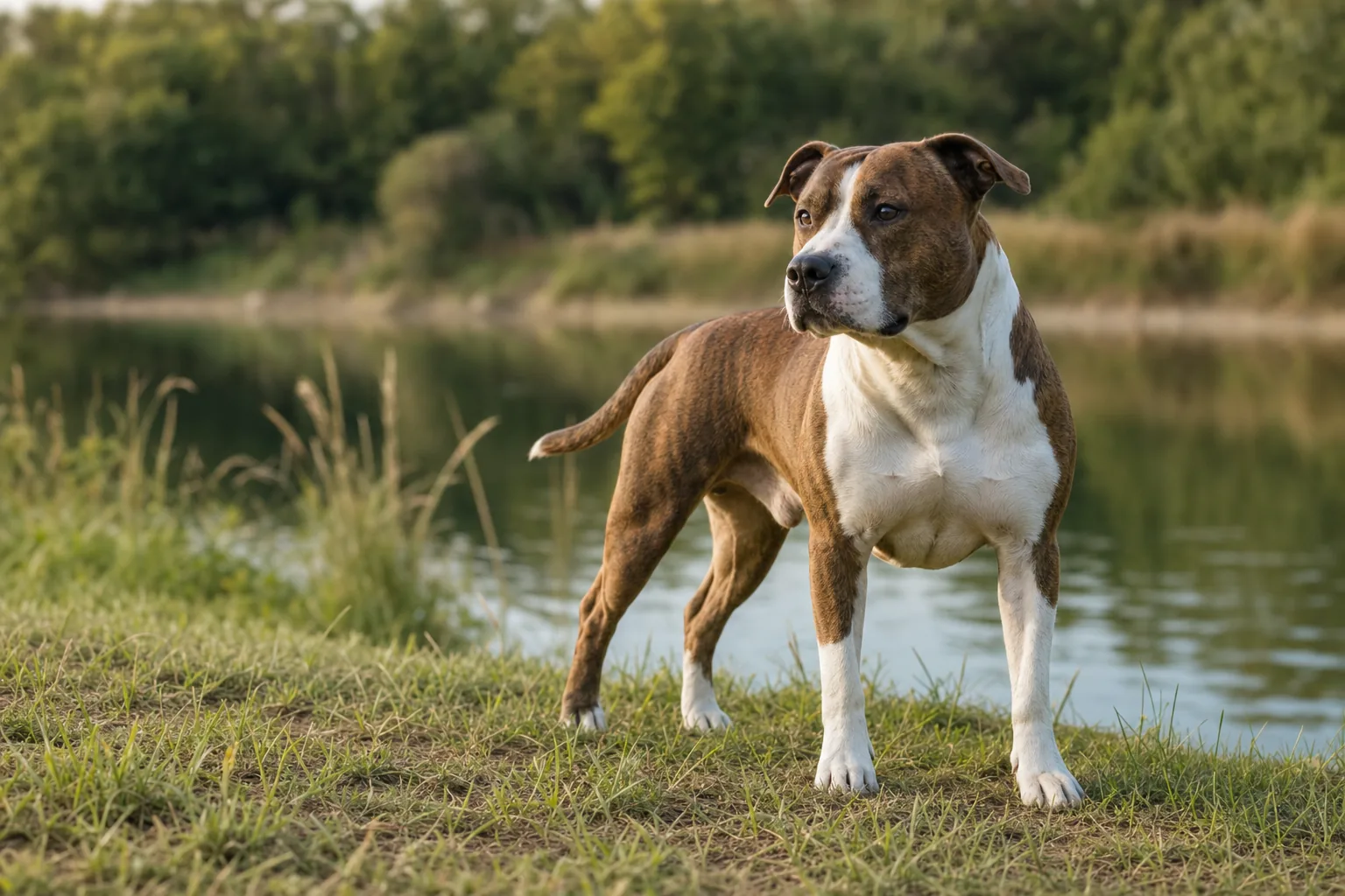 American Staffordshire Terrier (robe toutes robes admises : unicolore, bringé, panaché (le blanc de préférence limité à moins de 80 %)) adulte en extérieur