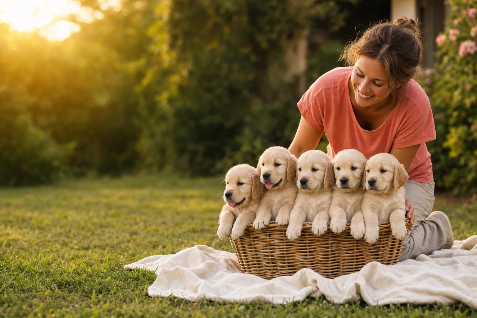 Dans un jardin au soleil couchant, une éleveuse veille sur une portée de chiots golden retriever installés dans un panier en osier