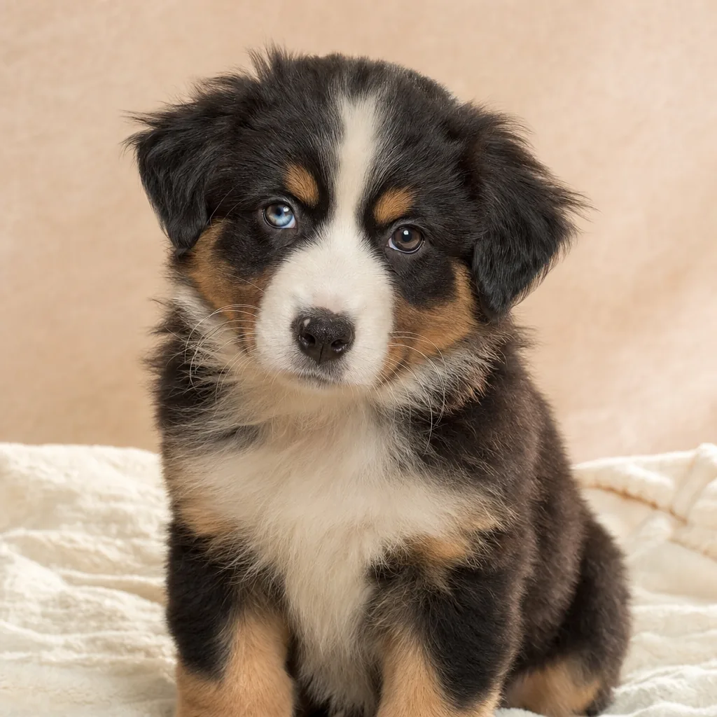 Portrait d'un chiot berger australien tricolore aux yeux vairons, assis sur une couverture crème