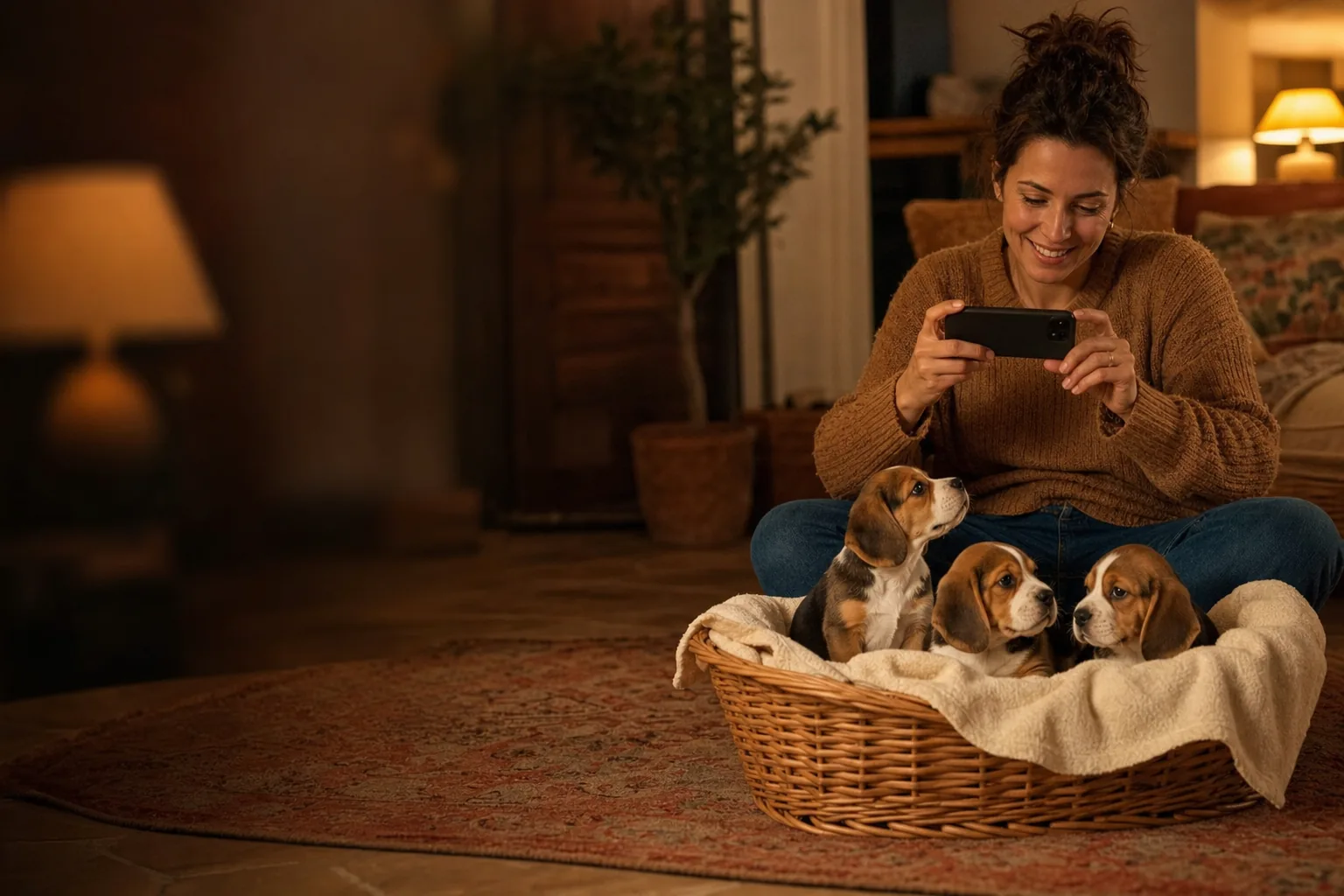 Assise sur un tapis, une femme photographie avec son téléphone trois chiots beagle installés dans un panier en osier