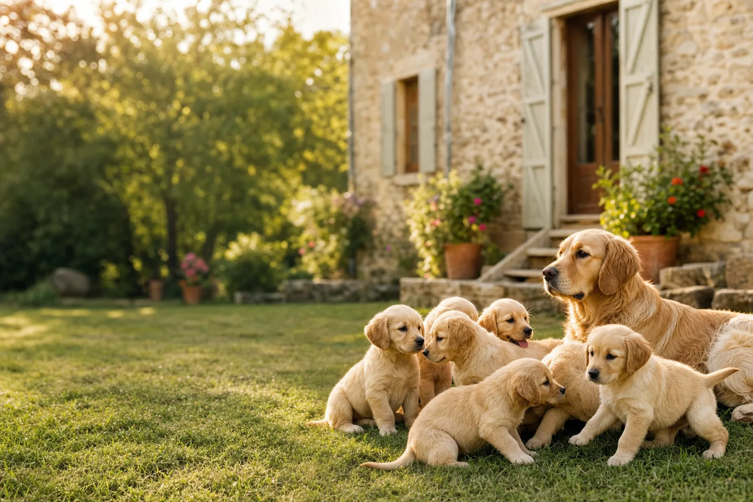 Une portée de chiots golden retriever joue dans l'herbe devant une maison en pierre, sous la surveillance de leur mère