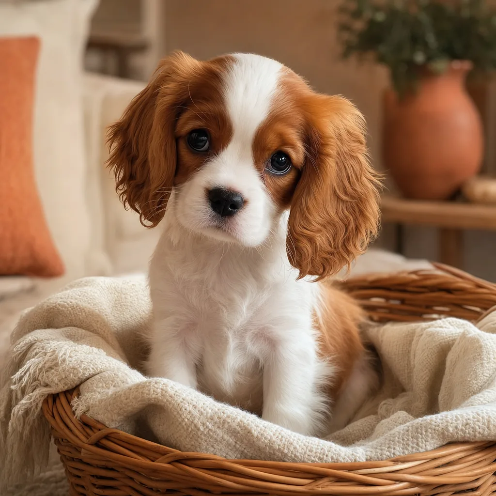Chiot cavalier king charles assis dans un panier en osier sur un plaid crème
