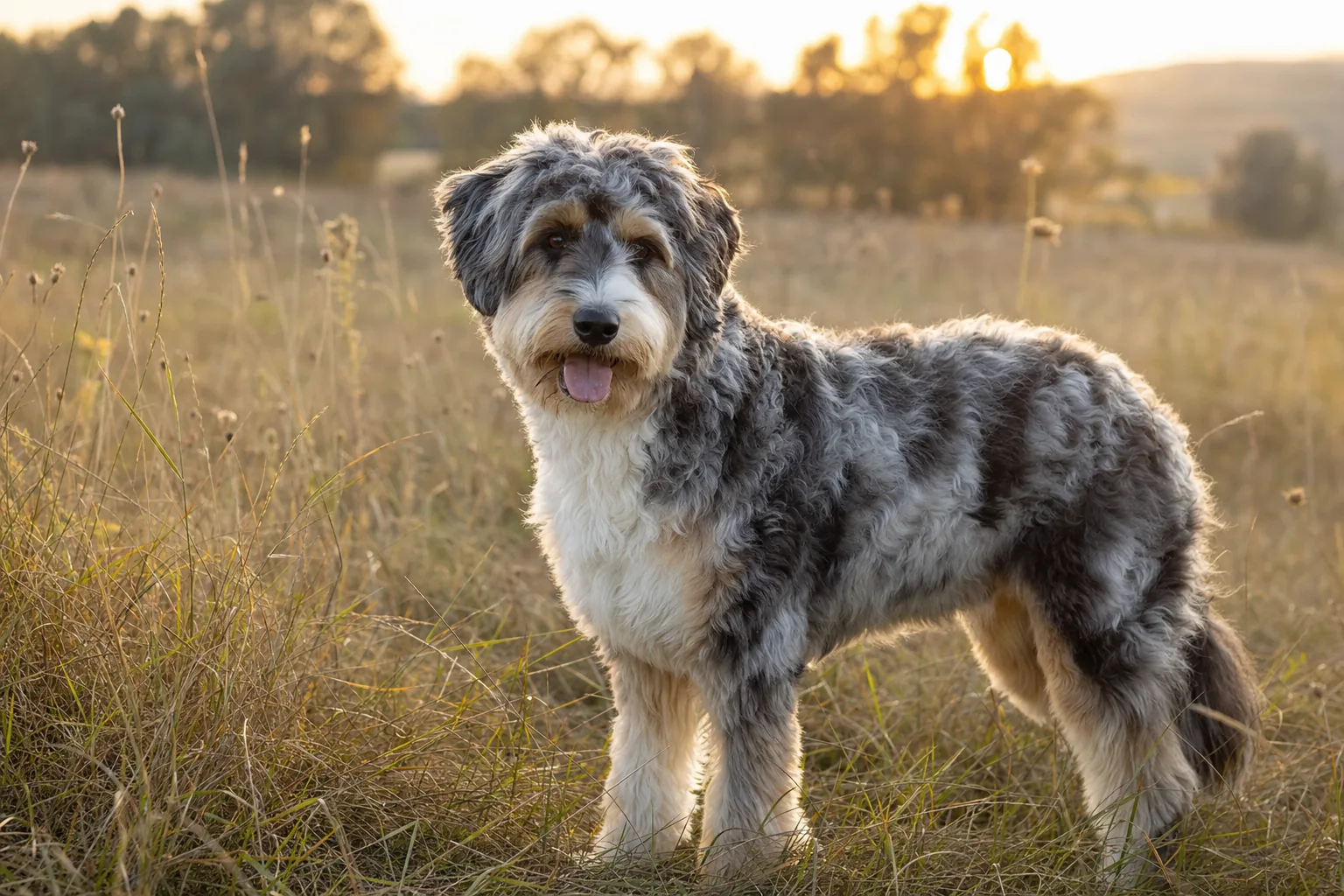 Aussiedoodle (robe bleu merle) adulte en extérieur