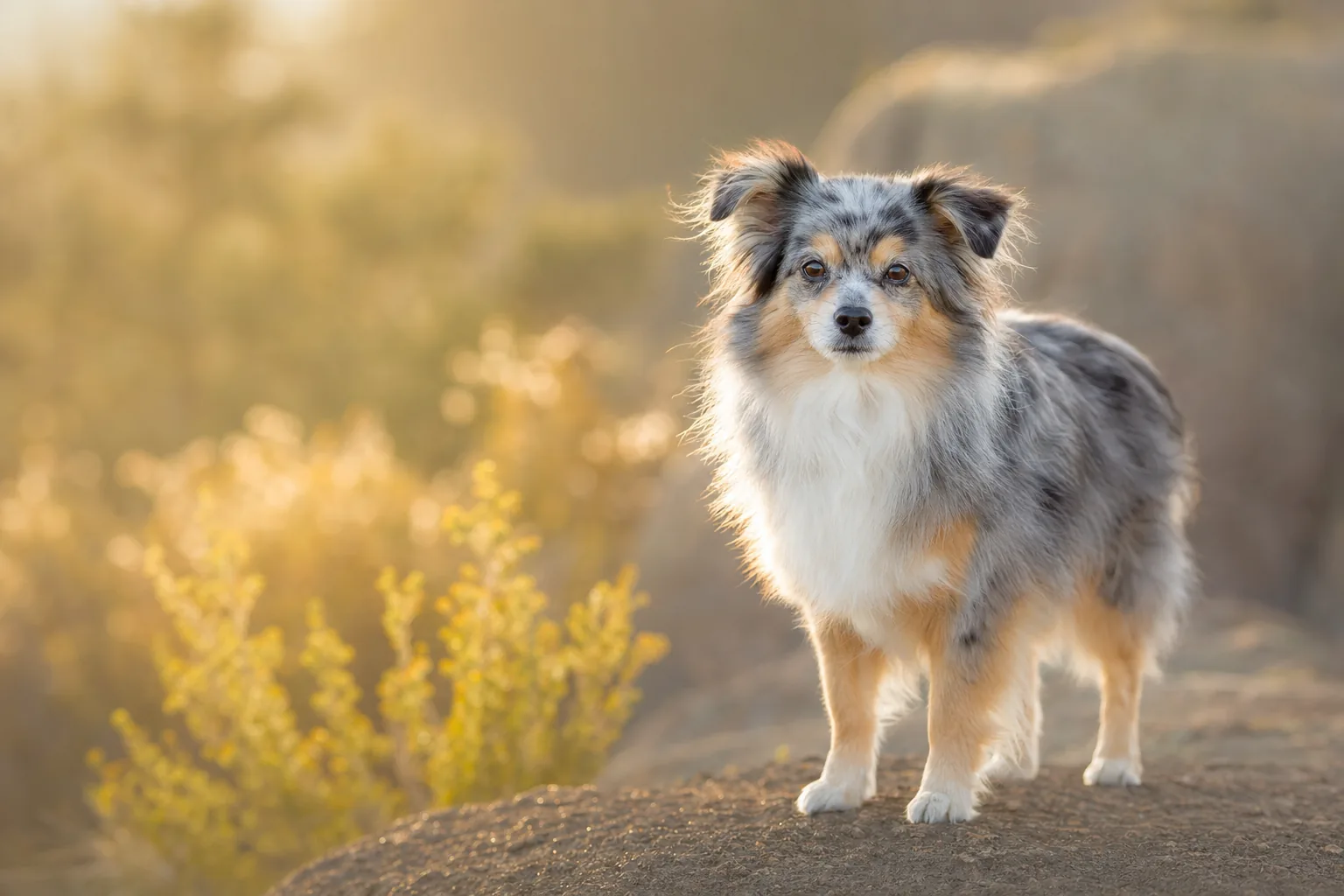 Aussiepom (robe bleu merle) adulte en extérieur