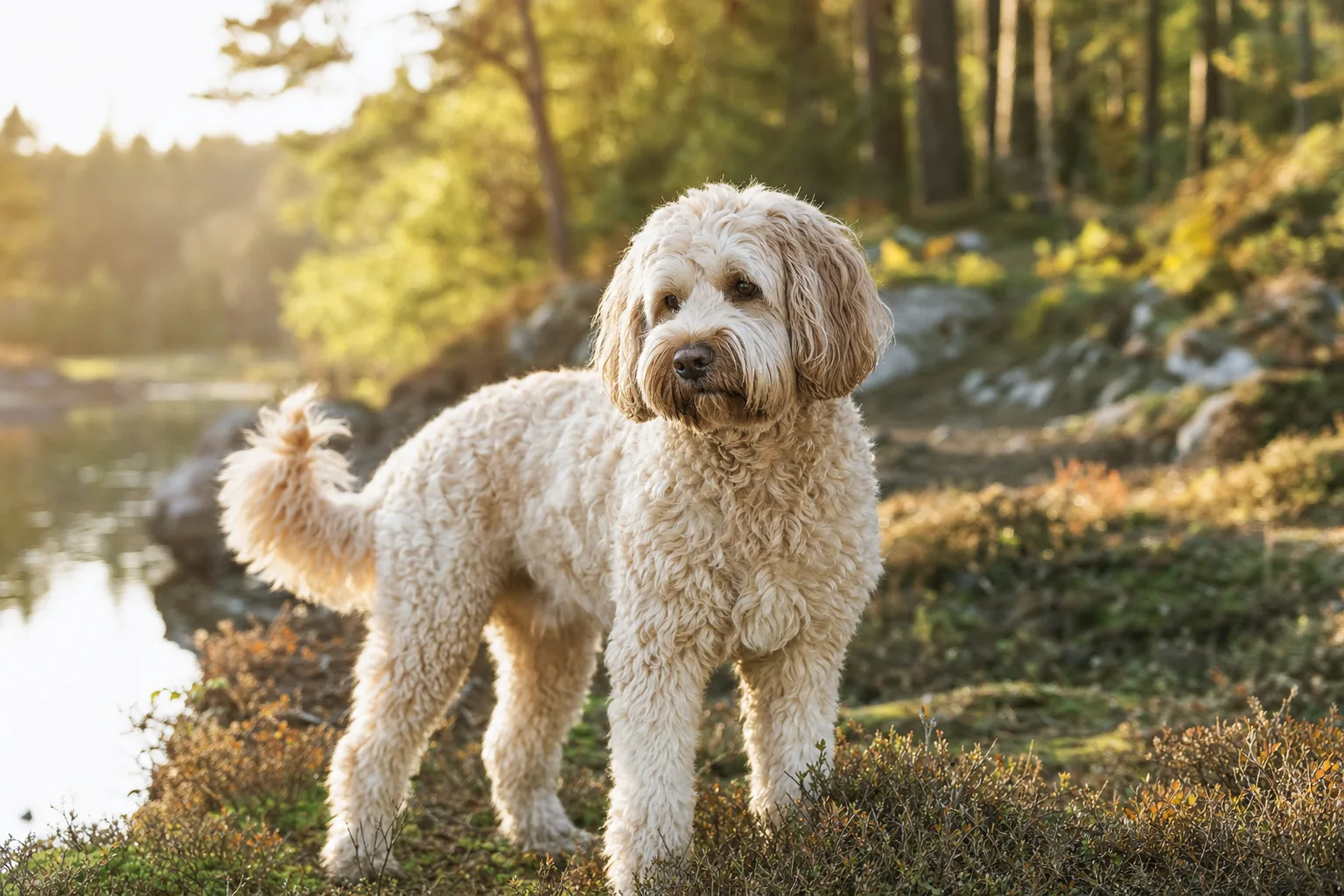 Australian Labradoodle (robe crème) adulte en extérieur