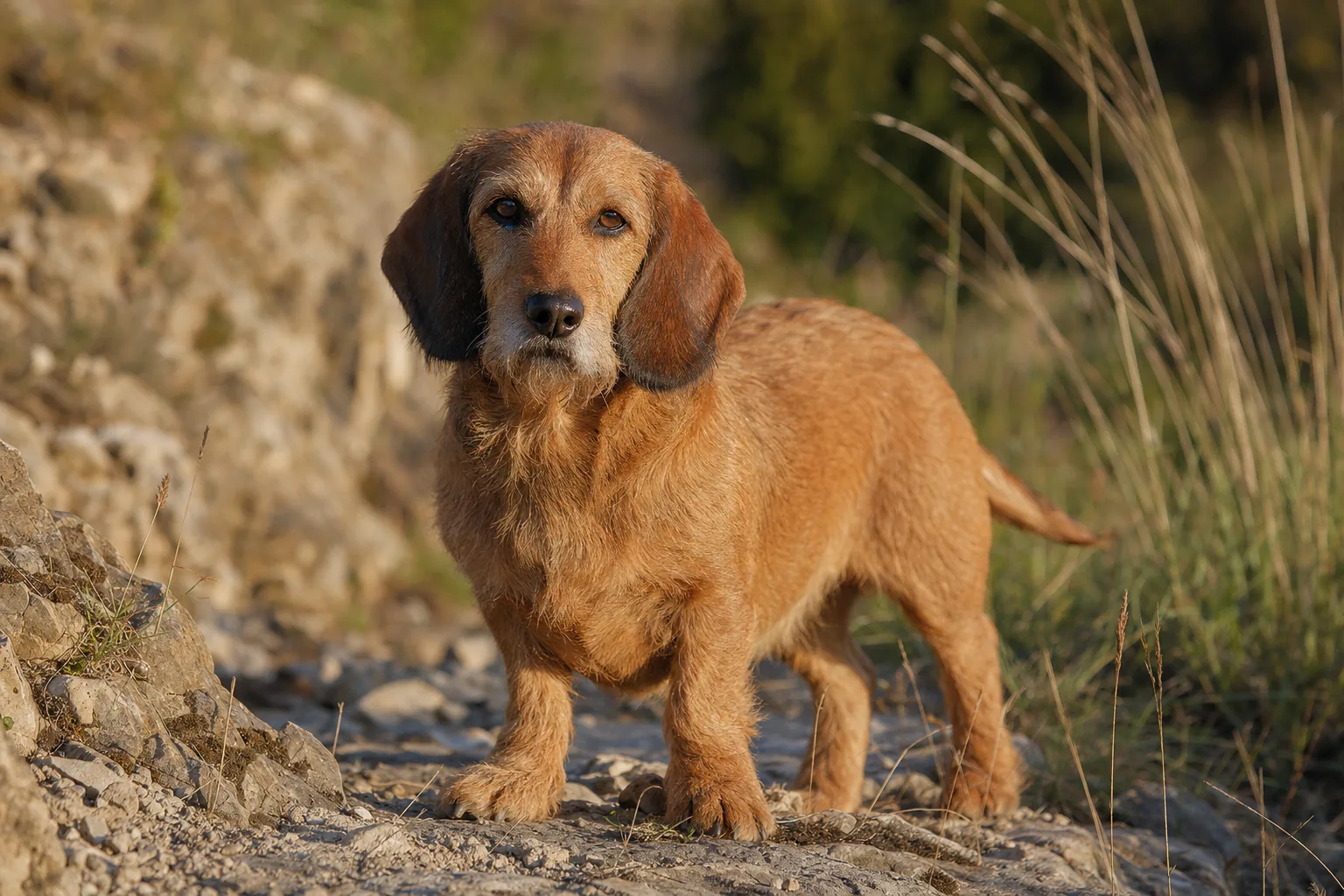 Basset des Alpes (robe rouge cerf (avec ou sans poils noirs)) adulte en extérieur