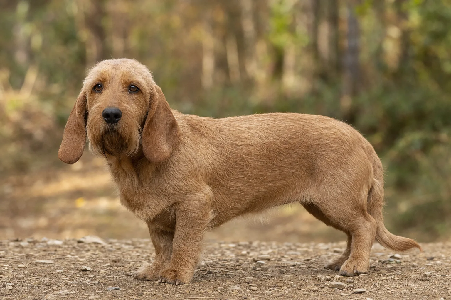 Basset Fauve de Bretagne (robe fauve, du froment doré au rouge brique) adulte en extérieur