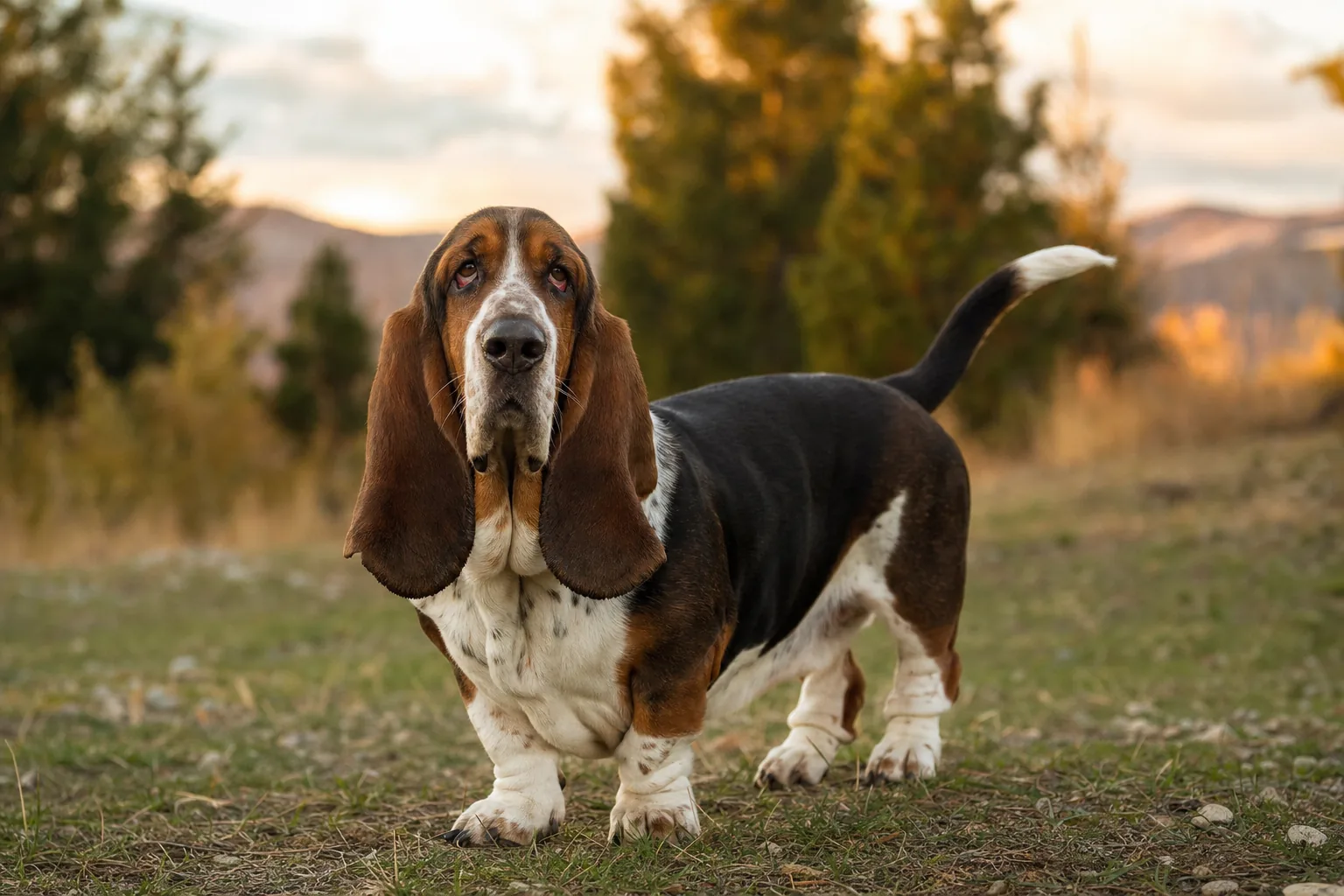 Basset Hound (robe tricolore (noir, blanc, feu)) adulte en extérieur