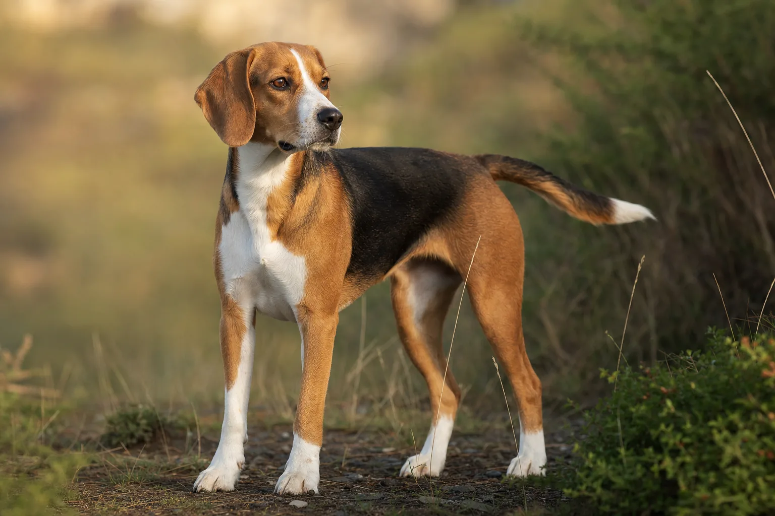 Beagle-Harrier (robe tricolore (fauve, noir, blanc)) adulte en extérieur