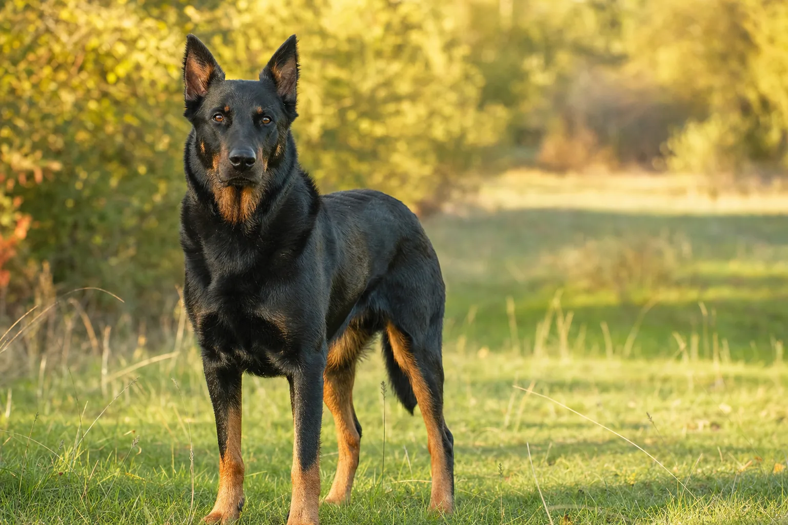Beauceron (robe noir et feu (dit bas rouge, marques feu aux extrémités)) adulte en extérieur