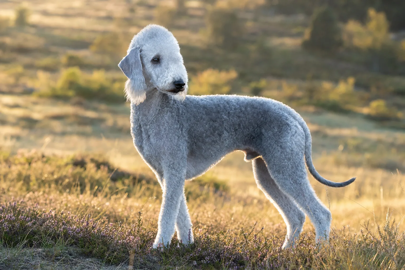 Bedlington Terrier (robe bleu) adulte en extérieur