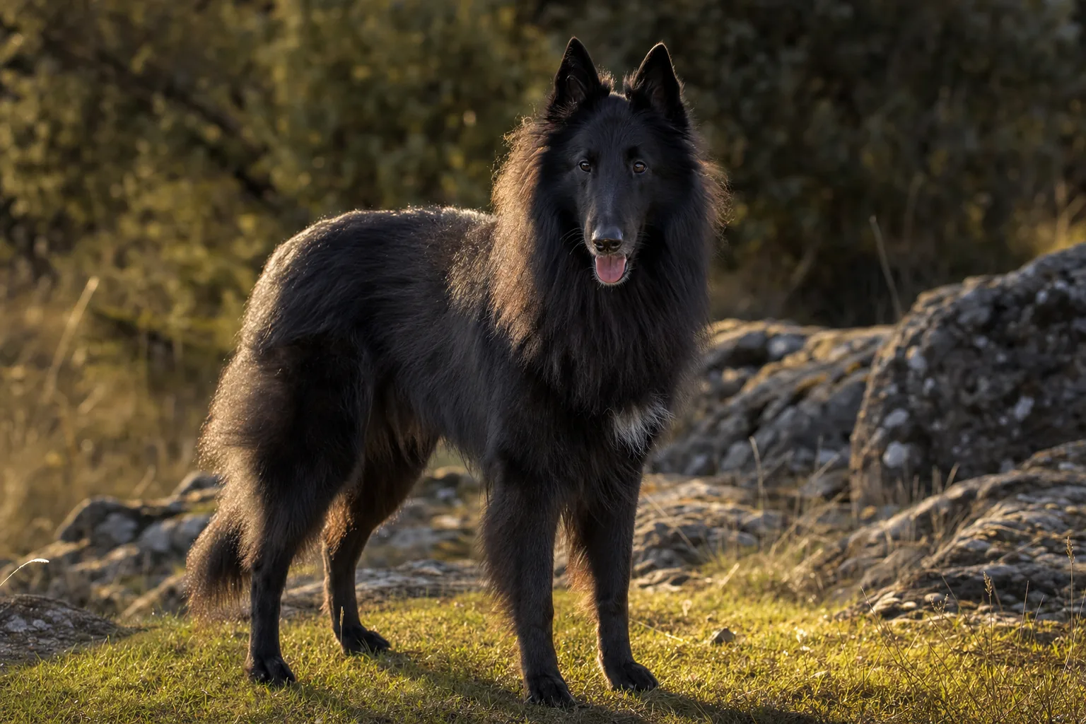 Berger Belge Groenendael (robe noir uni (parfois une petite marque blanche au poitrail ou aux doigts)) adulte en extérieur