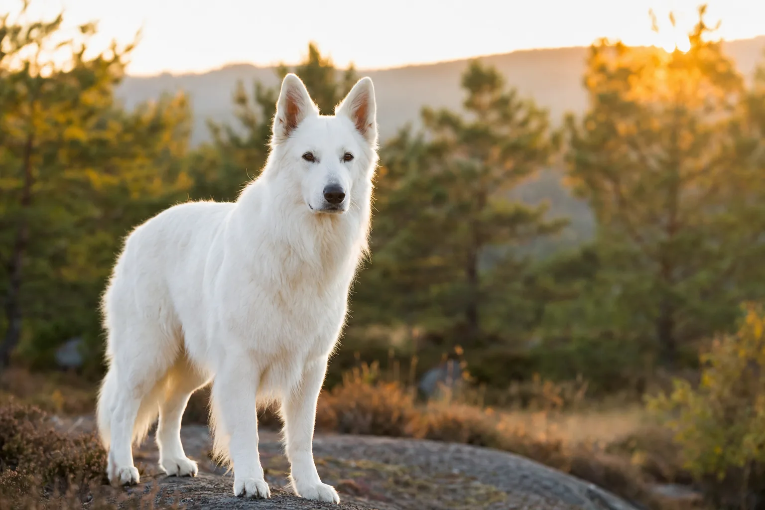 Berger blanc suisse adulte debout sur un rocher en forêt au coucher du soleil