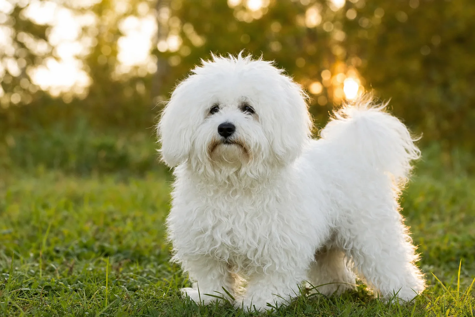 Bichon Bolonais (robe blanc pur) adulte en extérieur