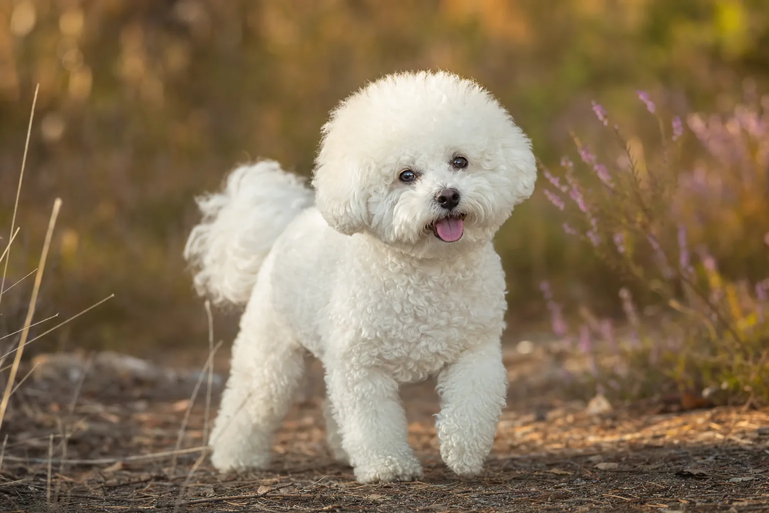 Bichon Frisé (robe blanc pur) adulte en extérieur