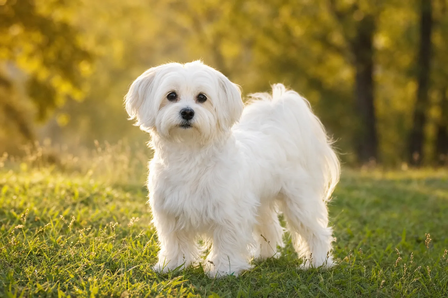 Bichon Maltais (robe blanc pur) adulte en extérieur
