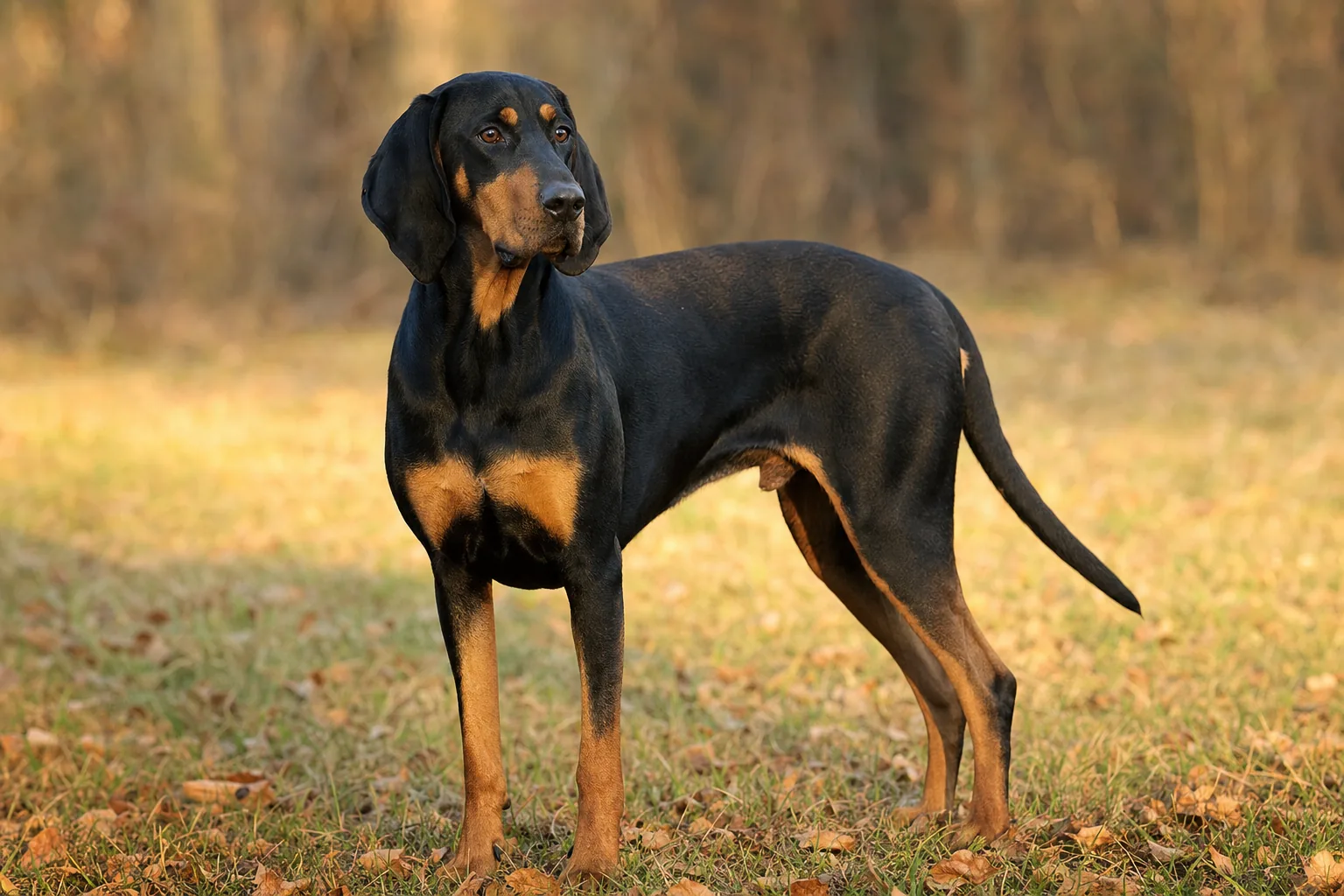 Black and Tan Coonhound (robe noir et feu (marques feu au-dessus des yeux, sur le museau, la poitrine et les membres)) adulte en extérieur