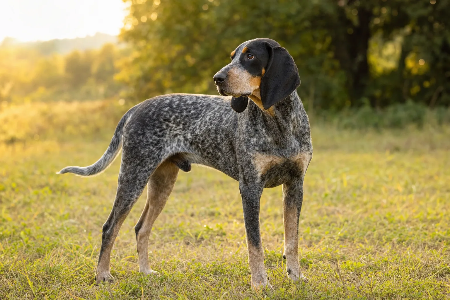 Bluetick Coonhound (robe bleu moucheté (fond blanc densément tiqueté de noir donnant un reflet bleuté)) adulte en extérieur