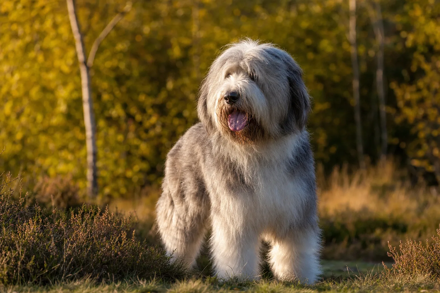Bobtail (robe gris, gris-bleu ou bleu merle, avec ou sans marques blanches) adulte en extérieur