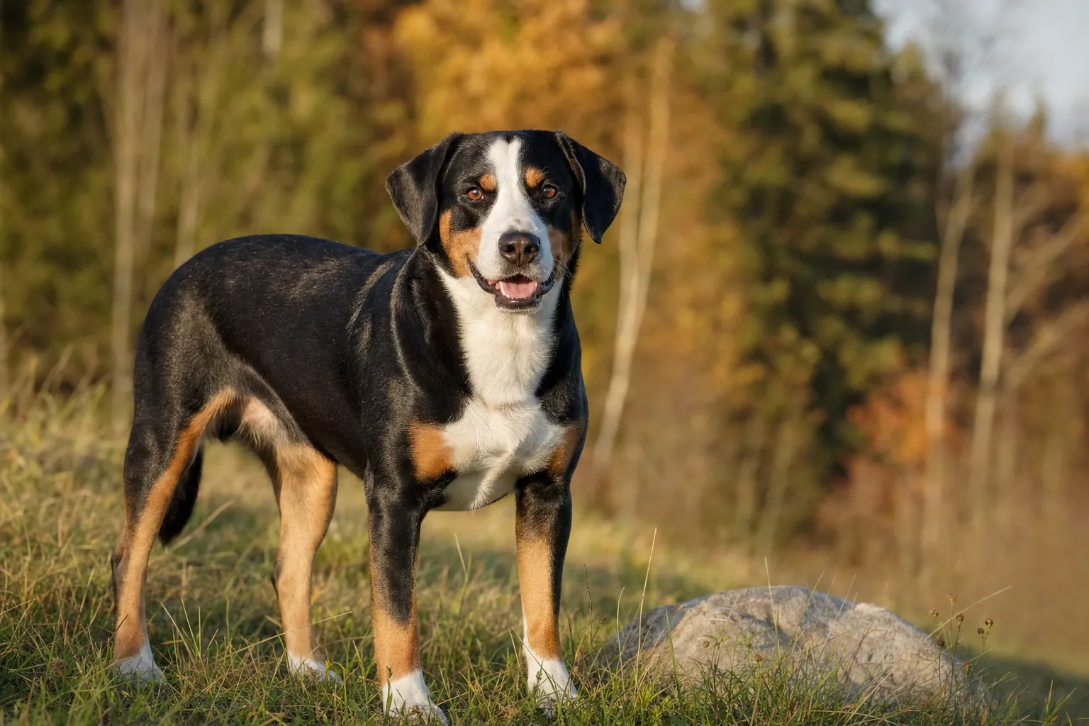 Bouvier de l'Entlebuch (robe tricolore : noir de fond, marques feu (brun-roux) et blanc (marque en tête, poitrail et extrémités)) adulte en extérieur