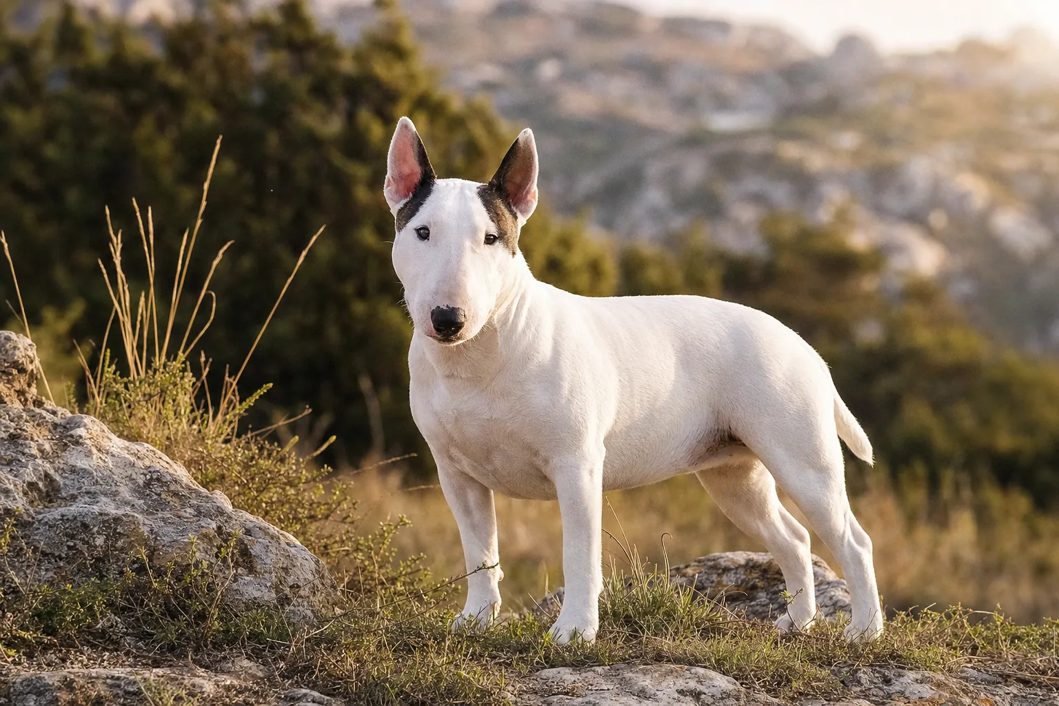 Bull Terrier Miniature (robe blanc (marques admises sur la tête)) adulte en extérieur